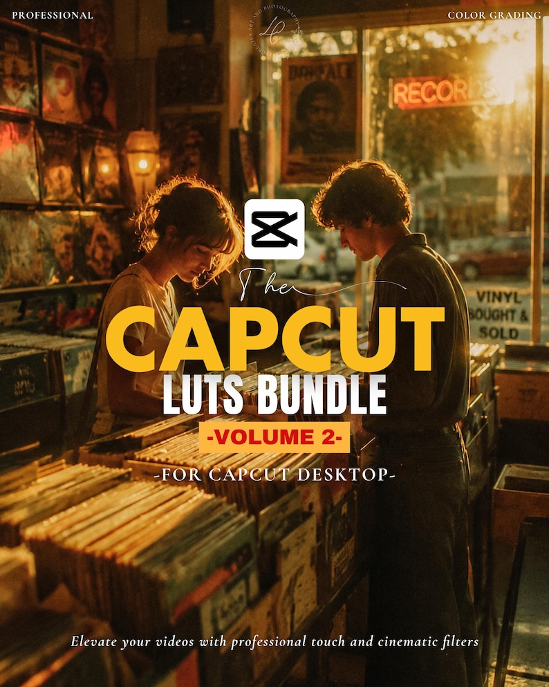 Puede incluir: Imagen promocional de "The CapCut Luts Bundle - Volume 2" para CapCut Desktop. La imagen muestra a dos personas en una tienda de discos, con texto superpuesto en amarillo y blanco. Promociona filtros de edici&oacute;n de v&iacute;deo profesionales.