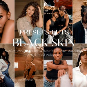Op de afbeelding: Een set Lightroom-presets voor fotografen, genaamd "Black Skin Presets + LUTs". De presets zijn ontworpen om foto's van mensen met donkerdere huidtinten te verbeteren. De afbeelding toont verschillende mensen met een donkere huidskleur, elk met een ander preset toegepast op hun foto.