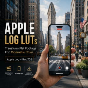 May include: A black smartphone displaying a camera interface with a view of a city street. Text on the left reads: APPLE LOG LUTs, Transform Flat Footage Into Cinematic Color, Apple Log + Rec.709, CINEMATIC LOOKS, FOR IPHONE, INSTANT DOWNLOAD.