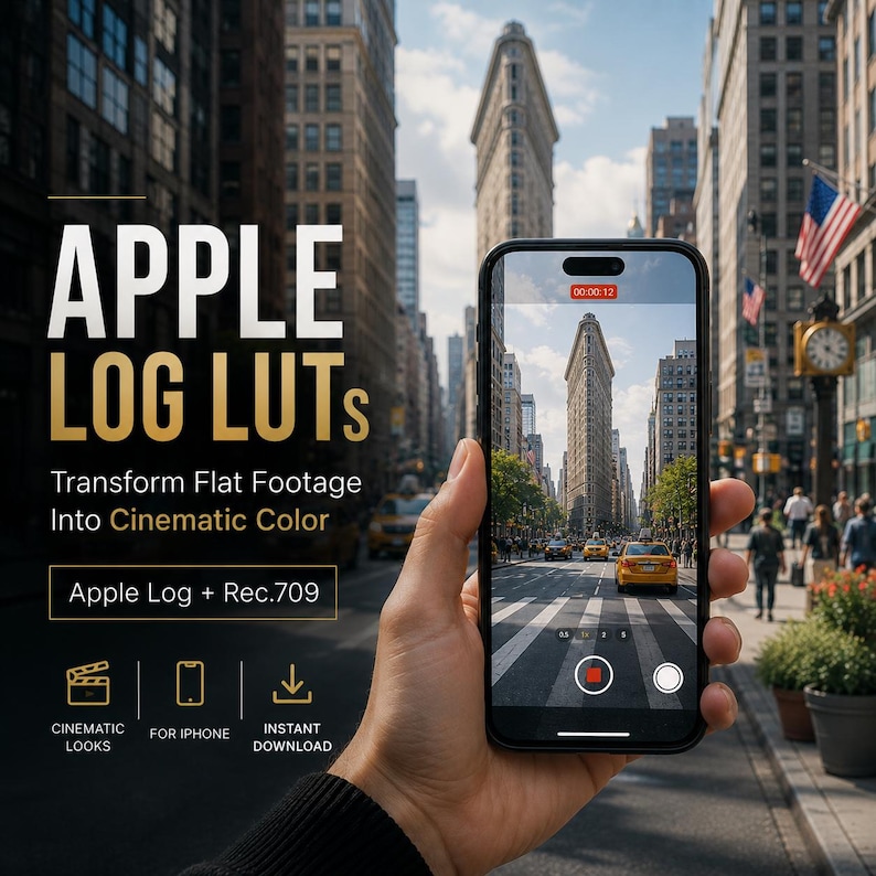 May include: A black smartphone displaying a camera interface with a view of a city street. Text on the left reads: APPLE LOG LUTs, Transform Flat Footage Into Cinematic Color, Apple Log + Rec.709, CINEMATIC LOOKS, FOR IPHONE, INSTANT DOWNLOAD.