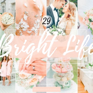 May include: A collage of images featuring a wedding theme. The images include a bride and groom, a bouquet of flowers, a wedding dress, and a table setting with macarons. The text "Bright Life" is written in white on a pink background.