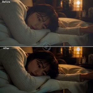 May include: A split-screen comparison showing a person with dark hair wearing a cream-colored ribbed long-sleeve sweater, resting their head on a pillow. The top panel is labeled Before, and the bottom panel is labeled After, showing color grading.
