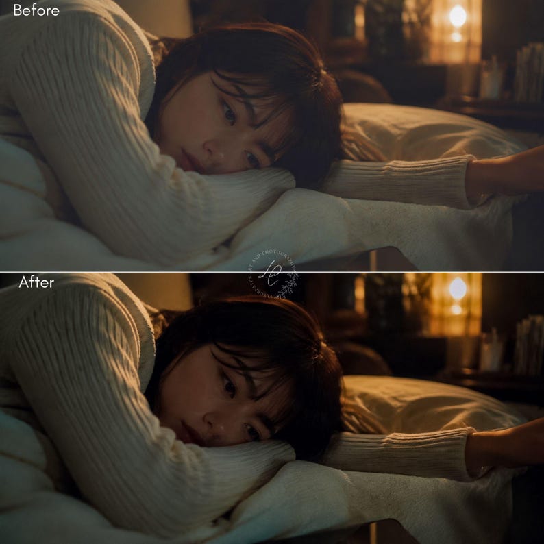 May include: A split-screen comparison showing a person with dark hair wearing a cream-colored ribbed long-sleeve sweater, resting their head on a pillow. The top panel is labeled Before, and the bottom panel is labeled After, showing color grading.