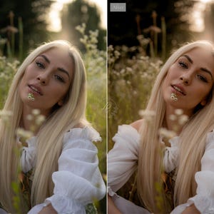 May include: A portrait of a person with long blonde hair, wearing a white off-the-shoulder top, and a small flower in their mouth. The image is set in a field of wildflowers with a soft, natural light.