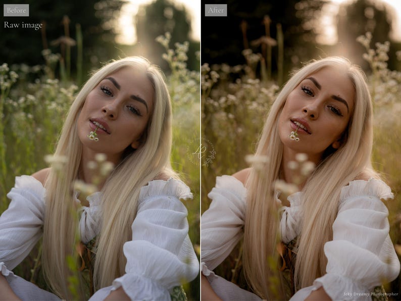 May include: A portrait of a person with long blonde hair, wearing a white off-the-shoulder top, and a small flower in their mouth. The image is set in a field of wildflowers with a soft, natural light.