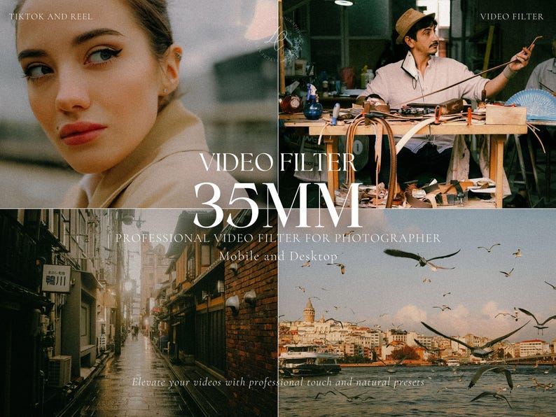 May include: A promotional image for a video filter, featuring a collage of four scenes. The text "VIDEO FILTER 35MM" is prominently displayed. The scenes include a woman, a craftsman, a city street, and a coastal view with birds.