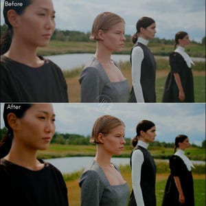 May include: A split image showing a "Before" and "After" comparison. The "Before" image shows three people in dark clothing, while the "After" image shows the same people with enhanced skin tones and color correction. The background is a field and water.