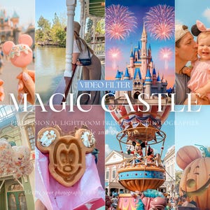 Pu&ograve; includere: Un collage di immagini di un parco a tema con il testo "MAGIC CASTLE" e "VIDEO FILTER". Le immagini includono un castello, dolcetti, una mongolfiera e una zucca sorridente. Le immagini sono luminose e colorate.