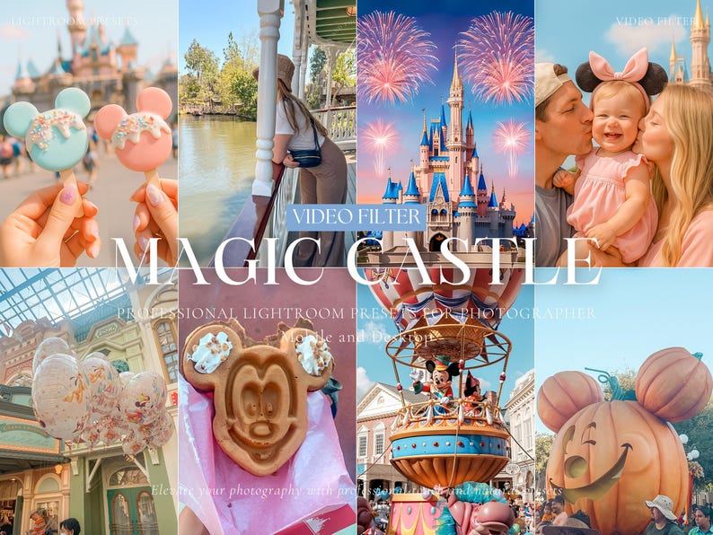 Pu&ograve; includere: Un collage di immagini di un parco a tema con il testo "MAGIC CASTLE" e "VIDEO FILTER". Le immagini includono un castello, dolcetti, una mongolfiera e una zucca sorridente. Le immagini sono luminose e colorate.