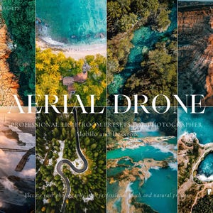 Puede incluir: Un collage de fotografías aéreas tomadas con drones que muestran diversos paisajes. Las imágenes incluyen vistas costeras, bosques exuberantes, carreteras sinuosas y cuerpos de agua. El texto superpuesto dice "AERIAL DRONE" y "PROFESSIONAL LIGHTROOM PRESETS FOR PHOTOGRAPHER Mobile and Desktop."