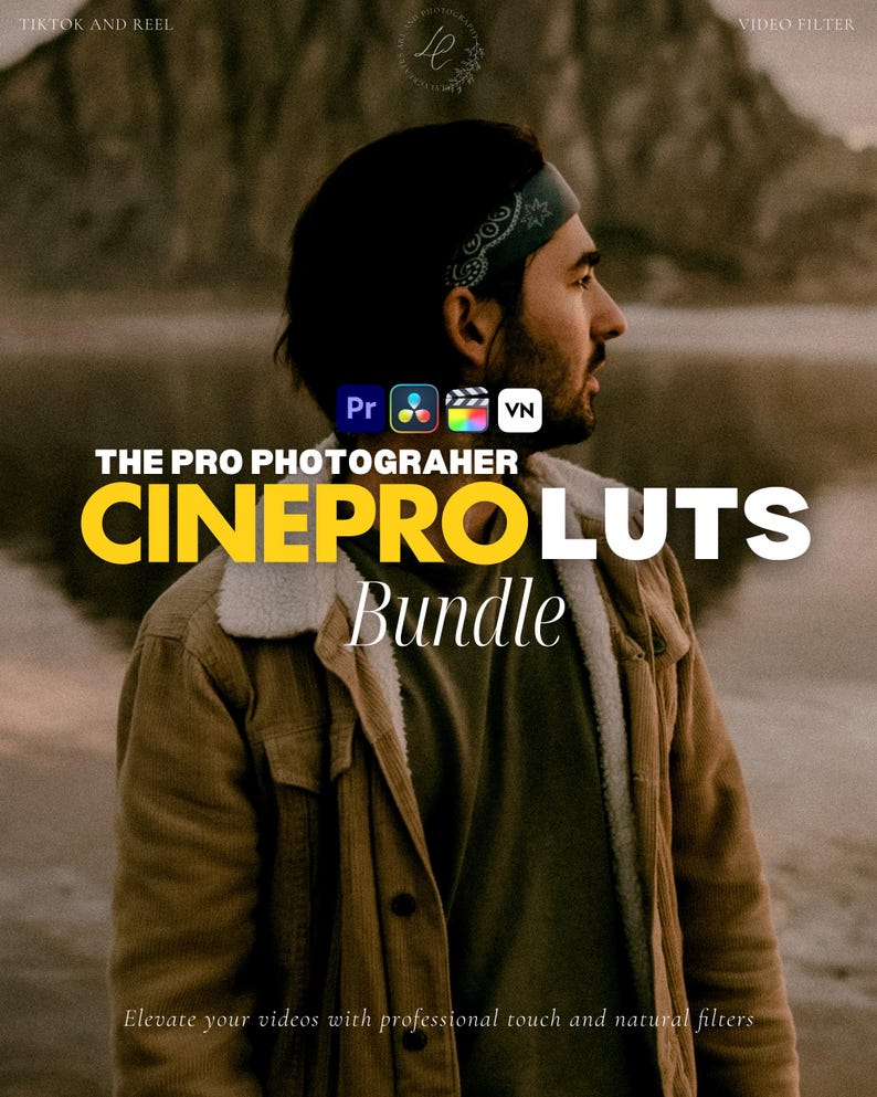 May include: A man wearing a brown corduroy jacket with a white shearling collar. The text "CINEPRO LUTS Bundle" is displayed in large yellow letters. The image also includes the text "THE PRO PHOTOGRAPHER" and icons for video editing software.