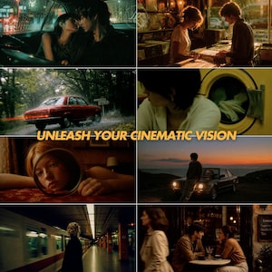 Puede incluir: Un collage de escenas cinematogr&aacute;ficas con una est&eacute;tica vintage. Incluye una pareja en un coche, un coche rojo en una carretera, una persona mirando en un espejo y gente en un caf&eacute;. El texto dice "UNLEASH YOUR CINEMATIC VISION."
