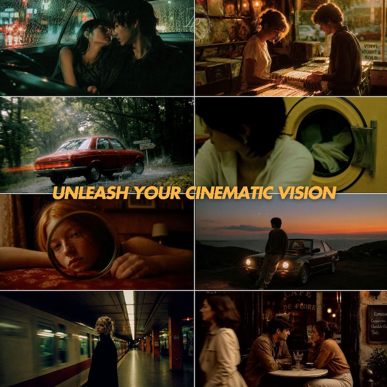 Puede incluir: Un collage de escenas cinematogr&aacute;ficas con una est&eacute;tica vintage. Incluye una pareja en un coche, un coche rojo en una carretera, una persona mirando en un espejo y gente en un caf&eacute;. El texto dice "UNLEASH YOUR CINEMATIC VISION."