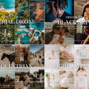 May include: A collage of images with text overlays. Themes include "Aerial Drone," featuring landscape photography; "Black Skin," showcasing portraits; "Equestrian," with horse and rider images; and "Light and Airy," with lifestyle photos.
