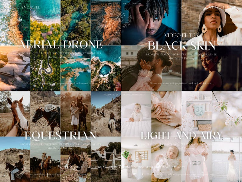 May include: A collage of images with text overlays. Themes include "Aerial Drone," featuring landscape photography; "Black Skin," showcasing portraits; "Equestrian," with horse and rider images; and "Light and Airy," with lifestyle photos.