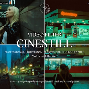 May include: A promotional image for a video filter called "CineStill" with a cinematic aesthetic. The image is divided into four sections, each showcasing a different urban scene, including a gas station and a subway station. Text includes "Professional Lightroom Presets for Photographer" and "Mobile and Desktop."