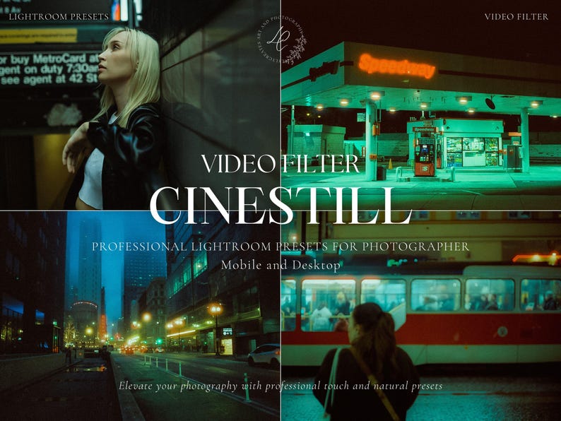 May include: A promotional image for a video filter called "CineStill" with a cinematic aesthetic. The image is divided into four sections, each showcasing a different urban scene, including a gas station and a subway station. Text includes "Professional Lightroom Presets for Photographer" and "Mobile and Desktop."