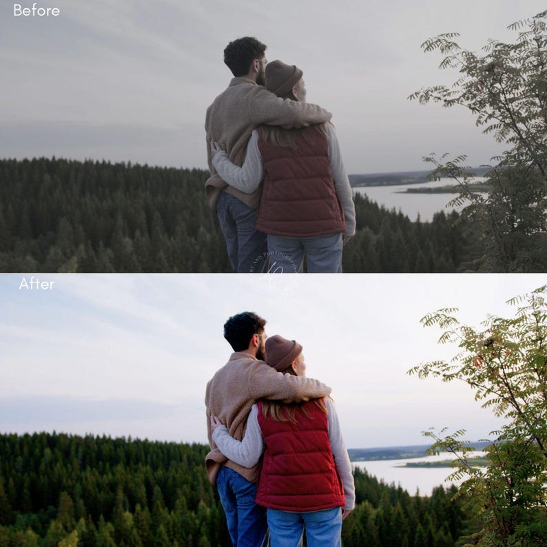 Puede incluir: Una pareja se abraza, con vistas a un bosque y un lago. La persona de delante lleva un jersey marr&oacute;n y la de detr&aacute;s un chaleco rojo y un gorro. El cielo est&aacute; nublado y la escena es una foto de antes y despu&eacute;s.