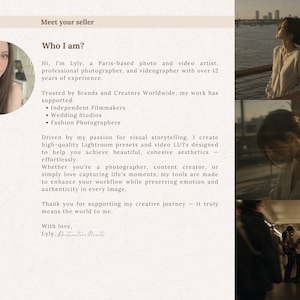 May include: A digital seller profile card featuring a circular portrait of a person with long brown hair, text titled Meet your seller and Who I am, and three photographic panels showing a person outdoors and in a blurred urban walkway.