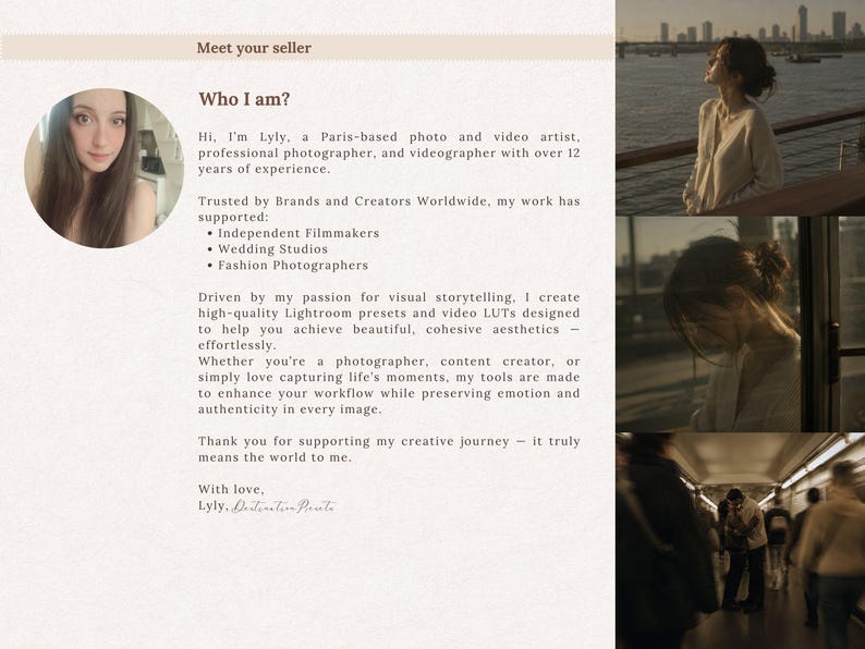 May include: A digital seller profile card featuring a circular portrait of a person with long brown hair, text titled Meet your seller and Who I am, and three photographic panels showing a person outdoors and in a blurred urban walkway.