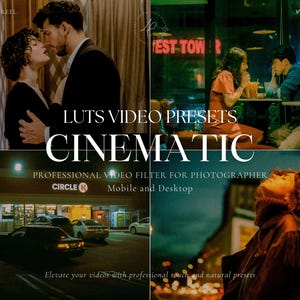 May include: A set of video filter presets called "Cinematic" for photographers. The presets are designed for use on mobile and desktop devices. The image shows a variety of scenes with a cinematic look and feel.