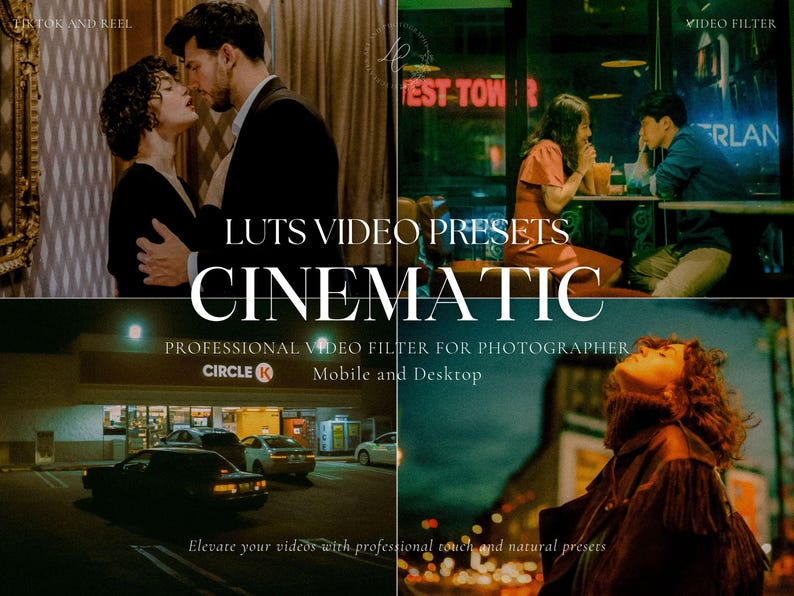 May include: A set of video filter presets called "Cinematic" for photographers. The presets are designed for use on mobile and desktop devices. The image shows a variety of scenes with a cinematic look and feel.