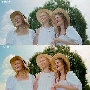 May include: Three people wearing straw hats and white dresses are smiling outdoors. The image is split, showing a "Before" and "After" color correction comparison. The background features a green tree and a blue sky.