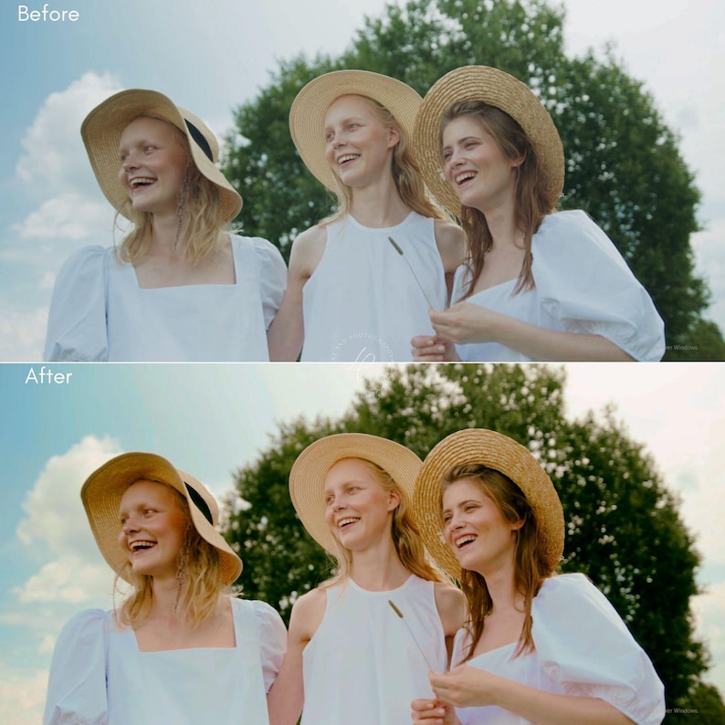 May include: Three people wearing straw hats and white dresses are smiling outdoors. The image is split, showing a "Before" and "After" color correction comparison. The background features a green tree and a blue sky.