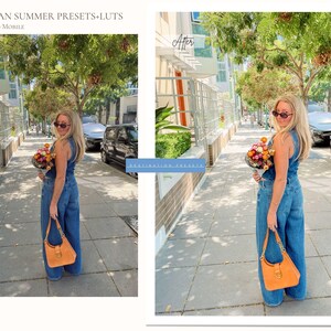 May include: A woman in a denim jumpsuit and sunglasses holds a bouquet of flowers and an orange handbag. The image is set on a city sidewalk with trees and parked cars in the background. Text at the top reads "EUROPEAN SUMMER PRESETS+LUTS DESKTOP AND MOBILE".