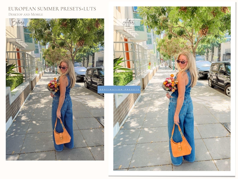 May include: A woman in a denim jumpsuit and sunglasses holds a bouquet of flowers and an orange handbag. The image is set on a city sidewalk with trees and parked cars in the background. Text at the top reads "EUROPEAN SUMMER PRESETS+LUTS DESKTOP AND MOBILE".