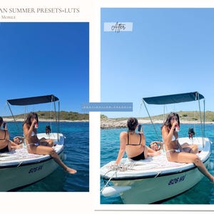 May include: A split image shows a boat on the water with two women. The left side says "Before" and the right side says "After". The boat has a black canopy and the text "826 HV" on the side. The sky is blue and the water is clear.