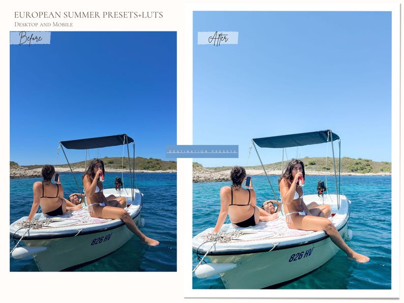 May include: A split image shows a boat on the water with two women. The left side says "Before" and the right side says "After". The boat has a black canopy and the text "826 HV" on the side. The sky is blue and the water is clear.