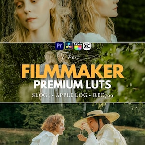 Pode incluir: Imagem com duas mulheres num barco, com sobreposição de texto: "The Filmmaker Premium Luts". A imagem tem uma estética vintage, com foco na graduação de cores. O texto inclui "SLOG3, APPLE LOG, REC709". A parte superior da imagem mostra duas mulheres perto de uma árvore.