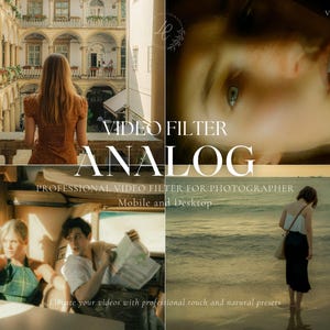 May include: A collage featuring four scenes with a warm, vintage aesthetic. The text "VIDEO FILTER ANALOG" is prominently displayed. The scenes include a woman on a balcony, a close-up of a face, a couple in a vehicle, and a person at the beach.