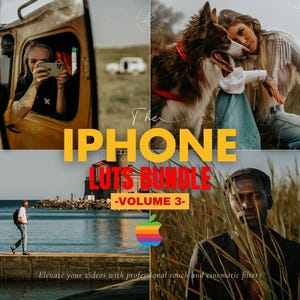 May include: A digital product advertisement titled The IPHONE LUTS BUNDLE -VOLUME 3- featuring a multi-panel collage of photographs. The images display a person filming, a person with a dog, a coastal scene, and a portrait, with a rainbow apple logo.