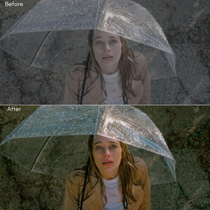 Puede incluir: Una mujer bajo un paraguas transparente, mirando hacia arriba con expresi&oacute;n preocupada. Lleva una chaqueta beige y una camisa blanca. Se ven gotas de lluvia en el paraguas.