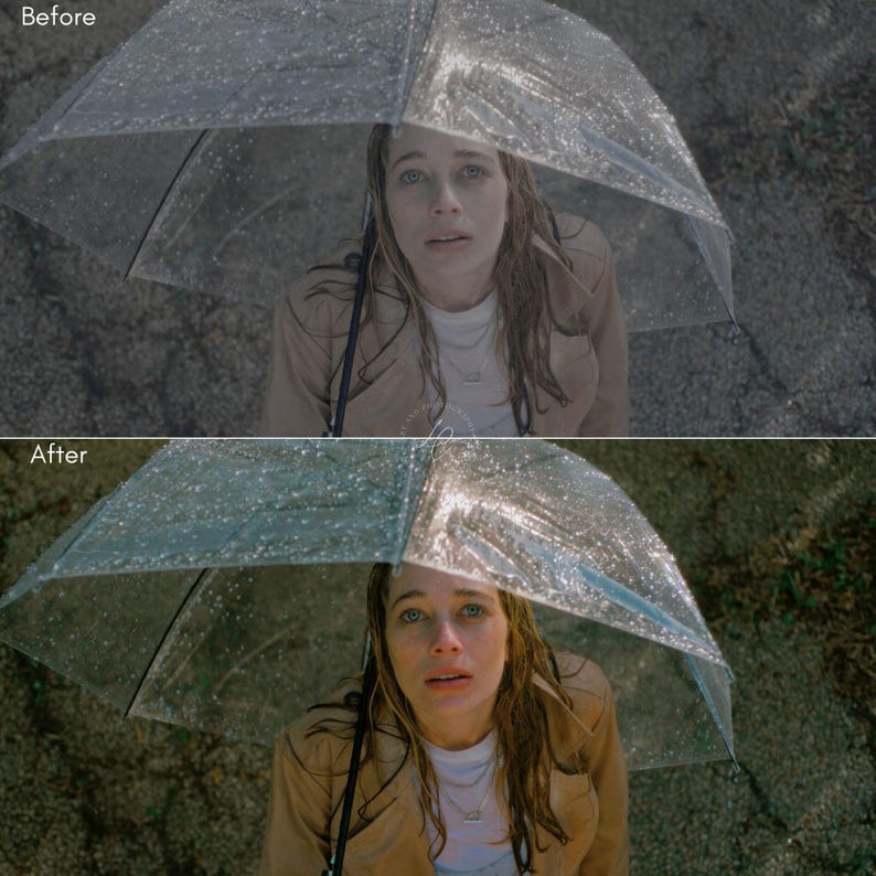 Puede incluir: Una mujer bajo un paraguas transparente, mirando hacia arriba con expresi&oacute;n preocupada. Lleva una chaqueta beige y una camisa blanca. Se ven gotas de lluvia en el paraguas.