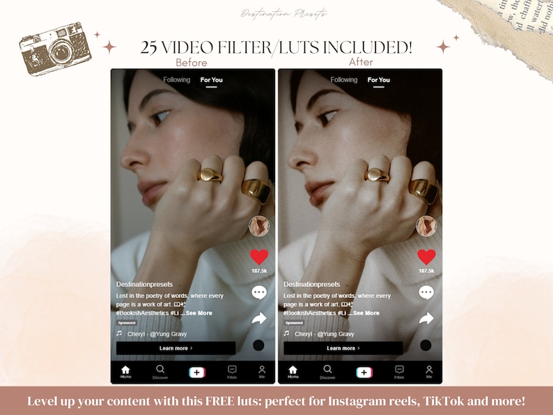 May include: Before and after images of a woman's hand wearing gold rings. The image is a screenshot of a TikTok video. The text on the screen reads "Lost in the poetry of words, where every page is a work of art." The text also includes the hashtags #bookishaesthetics and #li. The video is by Cheryl @Yung Gravy.