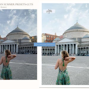 May include: Image showcasing a before-and-after comparison of a photo edit. The "Before" image displays a woman in a green dress in front of a large building. The "After" image shows the same scene with enhanced colors. Text at the top reads "EUROPEAN SUMMER PRESETS+LUTS".