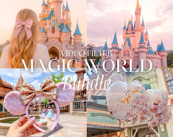Può includere: Immagine composita con un castello rosa e blu, un fiocco rosa e un paio di orecchie di topo con un fiocco di paillettes. Il testo "VIDEO FILTER MAGIC WORLD Bundle" è sovrapposto. Tema: mondo magico.