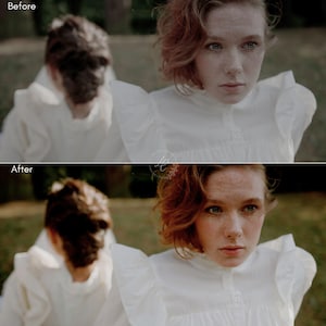 Puede incluir: Imagen dividida que muestra a una mujer pelirroja y pecosa con un vestido blanco. La mitad superior est&aacute; etiquetada como "Antes" y la mitad inferior como "Despu&eacute;s", lo que indica una comparaci&oacute;n de edici&oacute;n de fotos. La mujer es el foco principal.