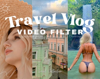 May include: A collage of three images promoting travel vlog video filters. The first image shows a woman wearing a straw hat, the second image shows a colorful building with a blue sky, and the third image shows a woman in a swimsuit standing in a waterfall. The text "Travel Vlog Video Filter" is displayed in large white letters.