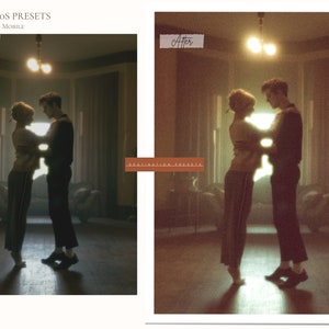 Puede incluir: Una imagen de antes y despu&eacute;s que muestra a una pareja bailando en una habitaci&oacute;n con poca luz. La imagen de la izquierda es m&aacute;s oscura y menos vibrante, mientras que la imagen de la derecha ha sido editada para tener un aspecto m&aacute;s c&aacute;lido y vintage. El texto "RETRO 70s PRESETS" est&aacute; en la parte superior de la imagen.
