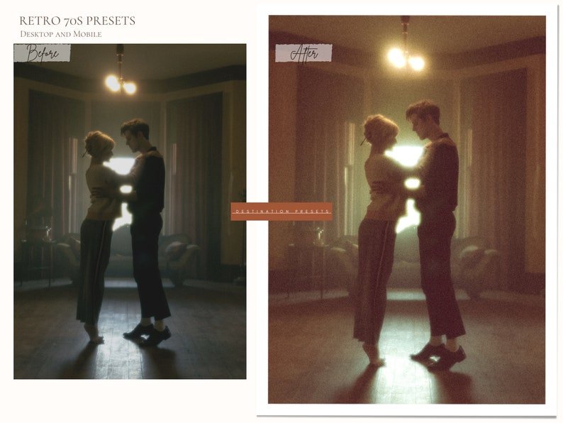 Puede incluir: Una imagen de antes y despu&eacute;s que muestra a una pareja bailando en una habitaci&oacute;n con poca luz. La imagen de la izquierda es m&aacute;s oscura y menos vibrante, mientras que la imagen de la derecha ha sido editada para tener un aspecto m&aacute;s c&aacute;lido y vintage. El texto "RETRO 70s PRESETS" est&aacute; en la parte superior de la imagen.
