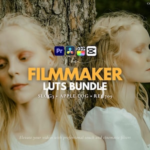 Puede incluir: Dos mujeres con cabello rubio se apoyan en un &aacute;rbol. El texto "FILMMAKER LUTS BUNDLE" se muestra en amarillo, con iconos de software. Tambi&eacute;n se ve el texto "Elevate your videos with professional touch and cinematic filters".