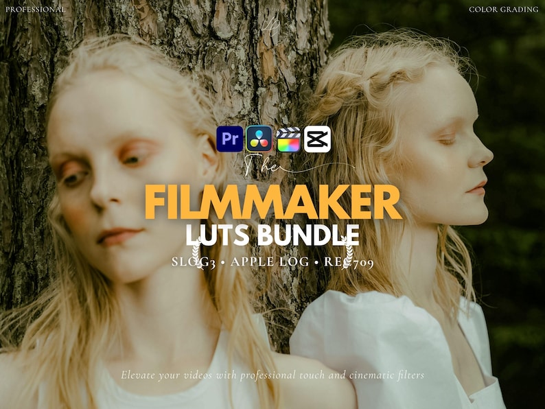 Puede incluir: Dos mujeres con cabello rubio se apoyan en un &aacute;rbol. El texto "FILMMAKER LUTS BUNDLE" se muestra en amarillo, con iconos de software. Tambi&eacute;n se ve el texto "Elevate your videos with professional touch and cinematic filters".