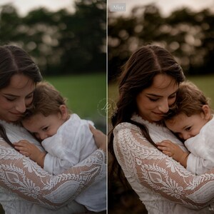 May include: A woman and a child are embracing in a tender moment. The woman wears a white dress with lace sleeves. The child is in a white shirt. The image is a before and after photo, with the text "Raw image" and "After".
