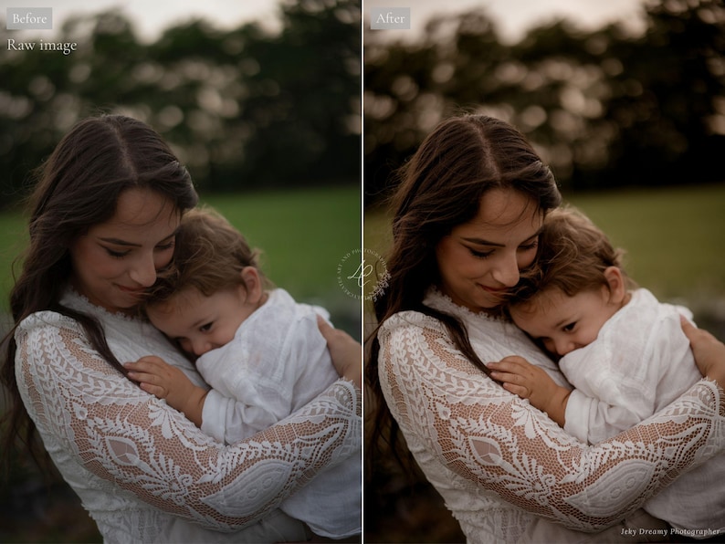 May include: A woman and a child are embracing in a tender moment. The woman wears a white dress with lace sleeves. The child is in a white shirt. The image is a before and after photo, with the text "Raw image" and "After".