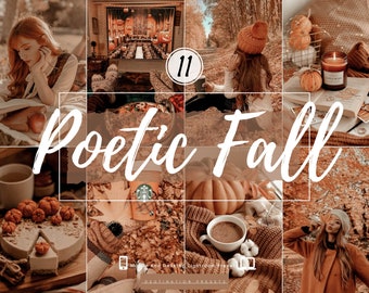May include: A collage of fall-themed images, including a woman reading a book, a cup of coffee, a pumpkin, and a fall-themed dessert. The text "Poetic Fall" is superimposed over the images.