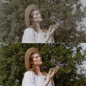 Puede incluir: Una persona con sombrero de paja y vestido blanco sostiene un ramo de flores moradas, con los ojos cerrados, en un entorno soleado al aire libre. La imagen tiene una est&eacute;tica suave y natural, con un fondo verde borroso de &aacute;rboles.